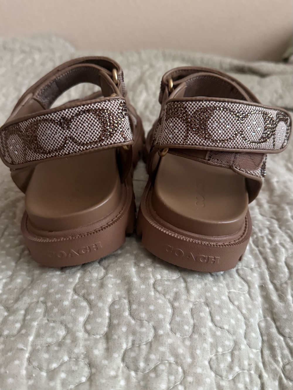 Coach Tan Logo Velcro Strap Sandals Brynn Sandalin Crystal Signature Tan 8.5B - Picture 6 of 11